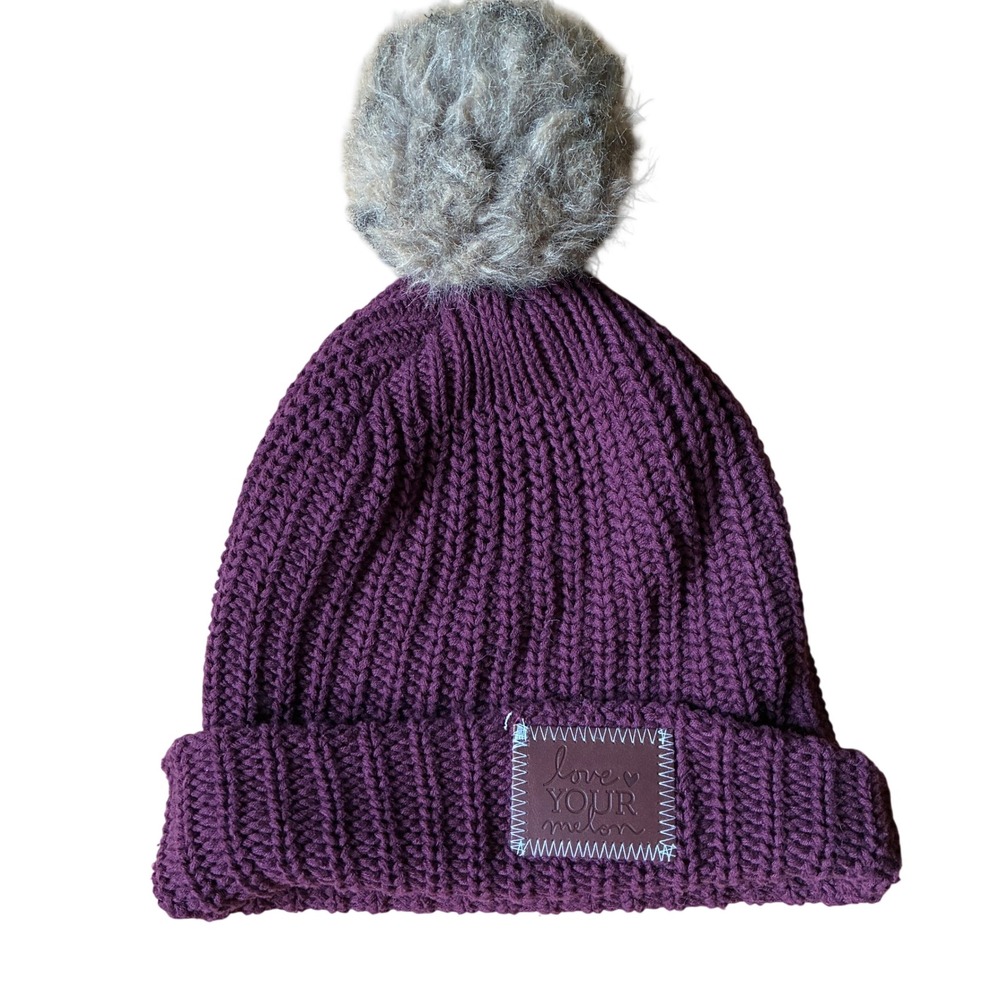 Love Your Melon Pom Beanie One Size Purple Unisex Cotton Faux Fur Hat